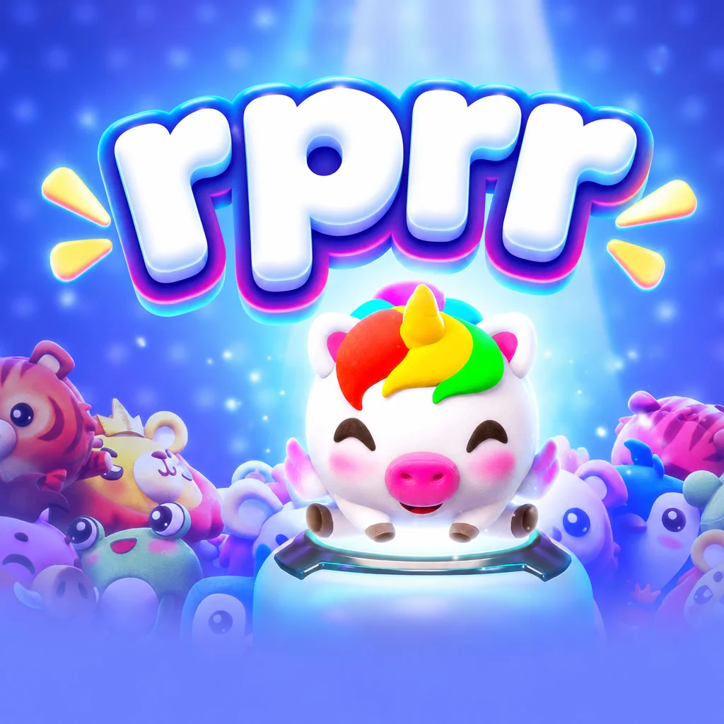 Boneka unicorn warna-warni di mesin capit Plushie Frenzy dengan logo rprr